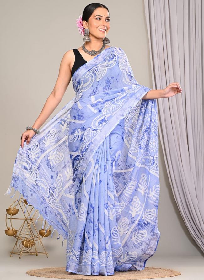 Linen Sky Blue Casual Wear Printed Saree